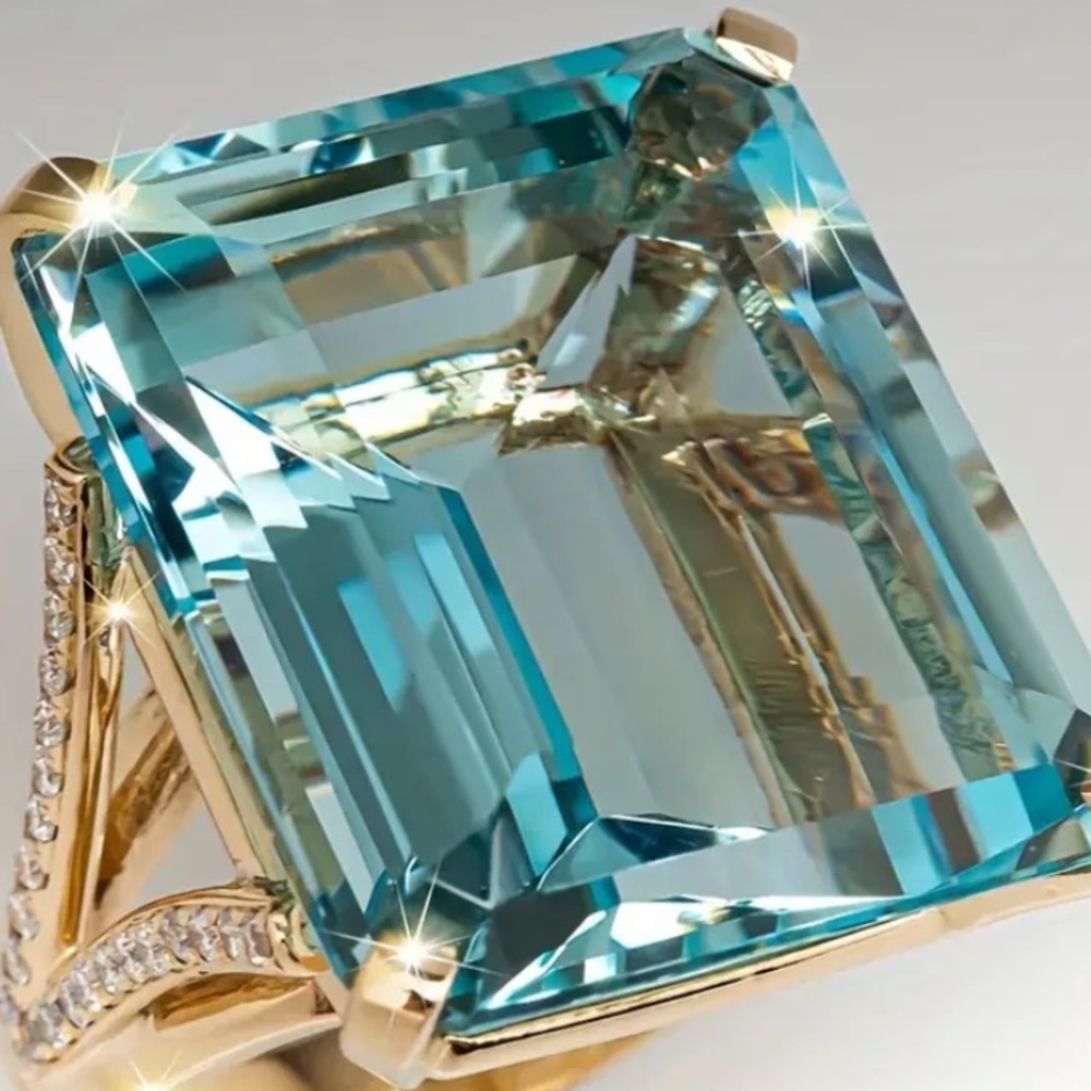 Statement Ring Large Stone Faceted Aquamarine And… - image 4